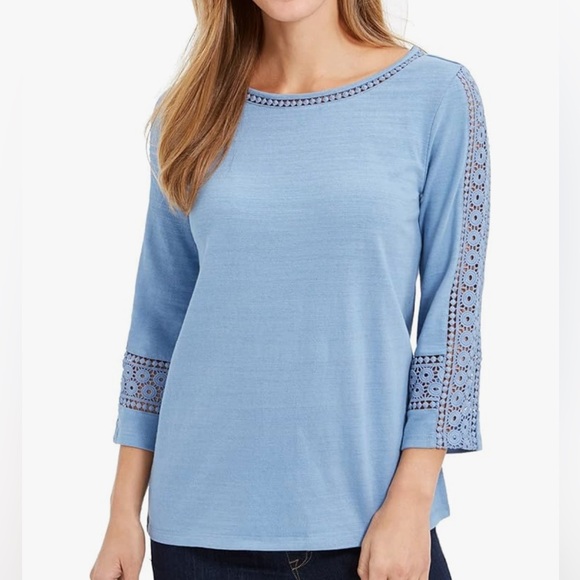 NEW Charter Club Women's Croche-Inset 3/4 Sleeves Top Bluse Blue Size M, L, XL - Picture 1 of 7